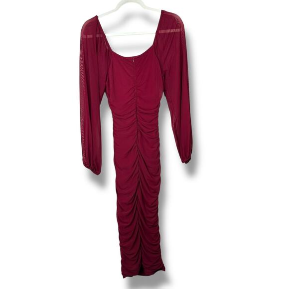 MEROKEETY Wine Red Ruched Bodycon Puff Sleeve Mesh Cocktail Party Midi Dress - Picture 6 of 13